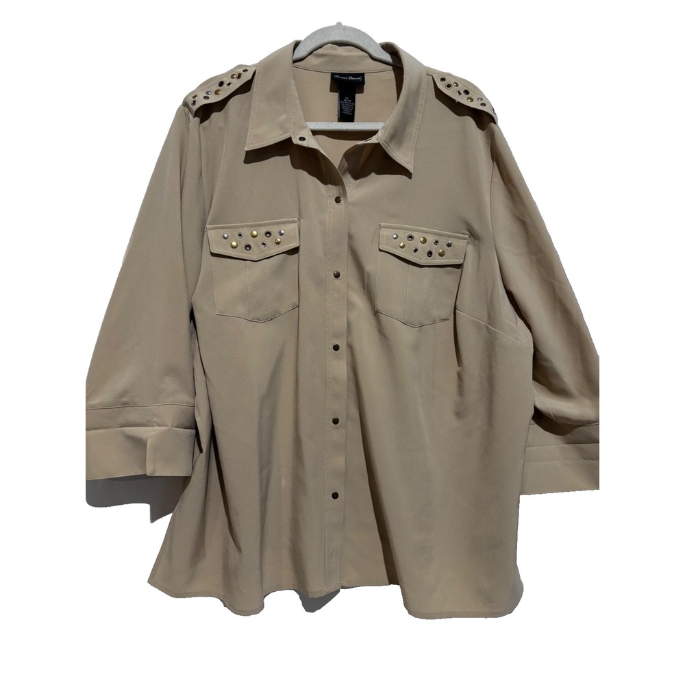 Maggie Barnes Womens Riveted Safari Cowgirl snap button Top sz 2x Career‎ Beige